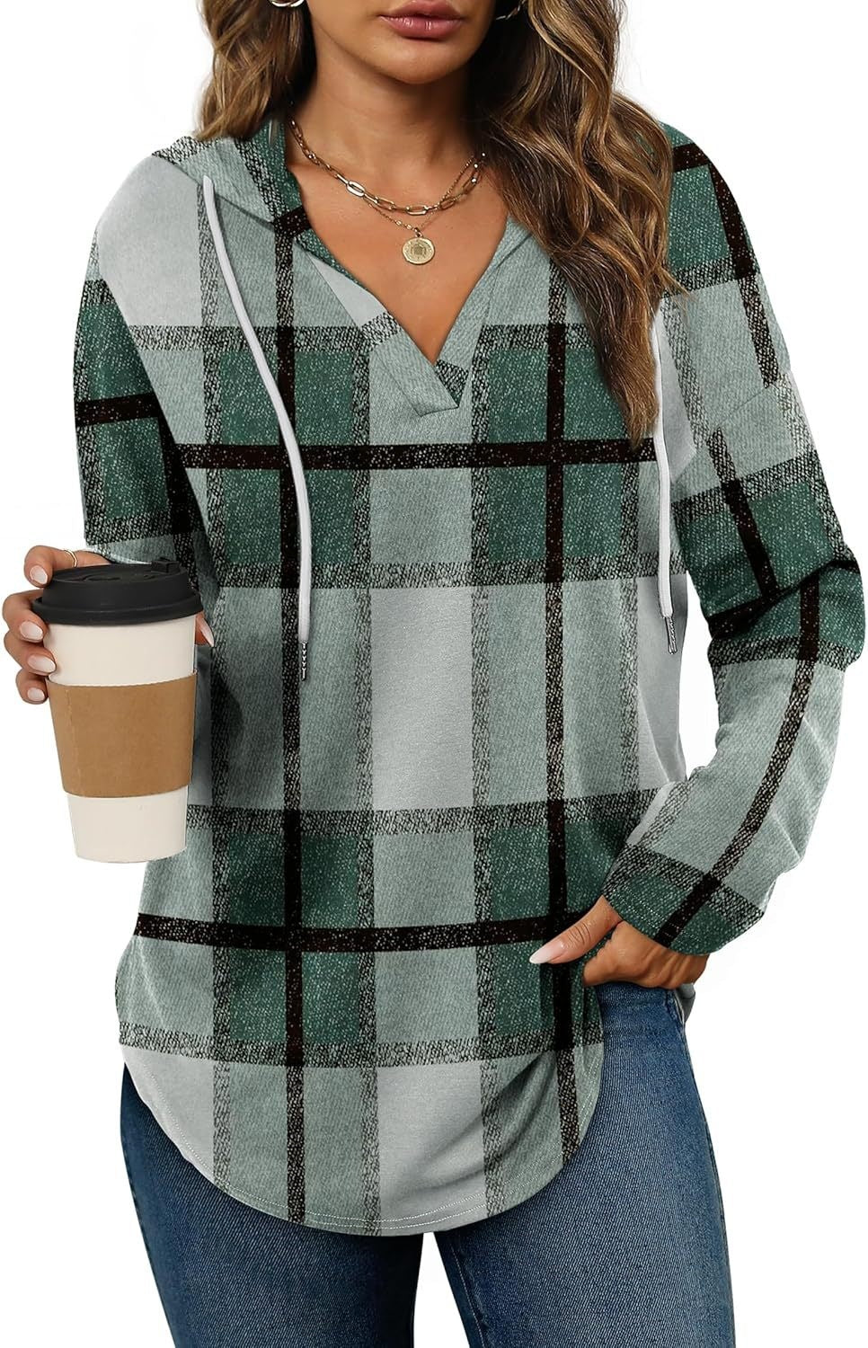 Vintage Plaid V-Neck Hooded Long-Sleeved Shirt For Women Casual Drawstring Plaid Top