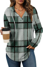 Vintage Plaid V-Neck Hooded Long-Sleeved Shirt For Women Casual Drawstring Plaid Top