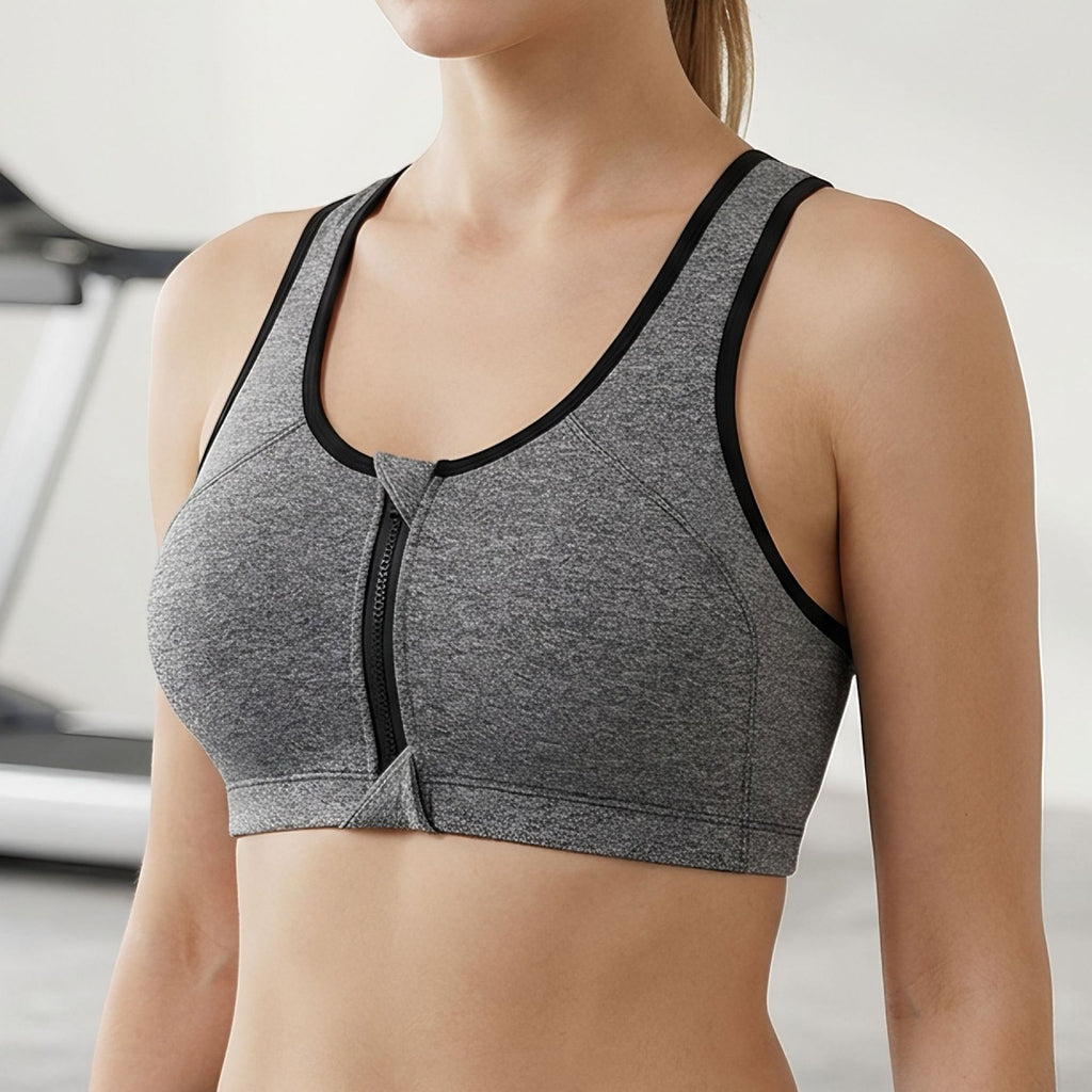 Front Zip Supportive Sports Bra - Anti-Cup Migration Design for Women High Impact Workout Fitness Top