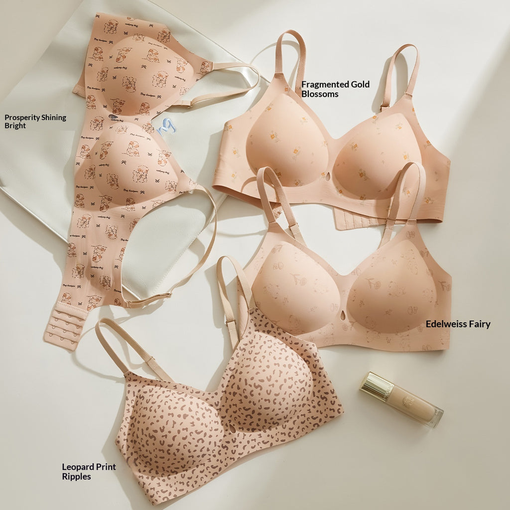 French Country Floral Leopard Print Seamless Soft Cup Underwire Push Up Bra - Firm Support Anti Sagging Lingerie for Women