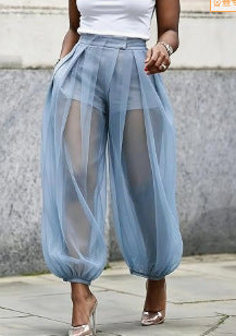 2026 European And American Cross-Border Summer New Style Semi-Transparent Mesh Solid Color Patchwork Loose Semi-Transparent Lantern Pants