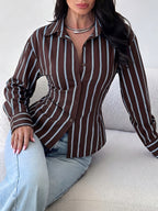 Autumn New Style Contrast Color Vertical Stripe Slim-Fit Shirt For Women, European And American Style Long Sleeve Slimming Commuter Top For Ladies