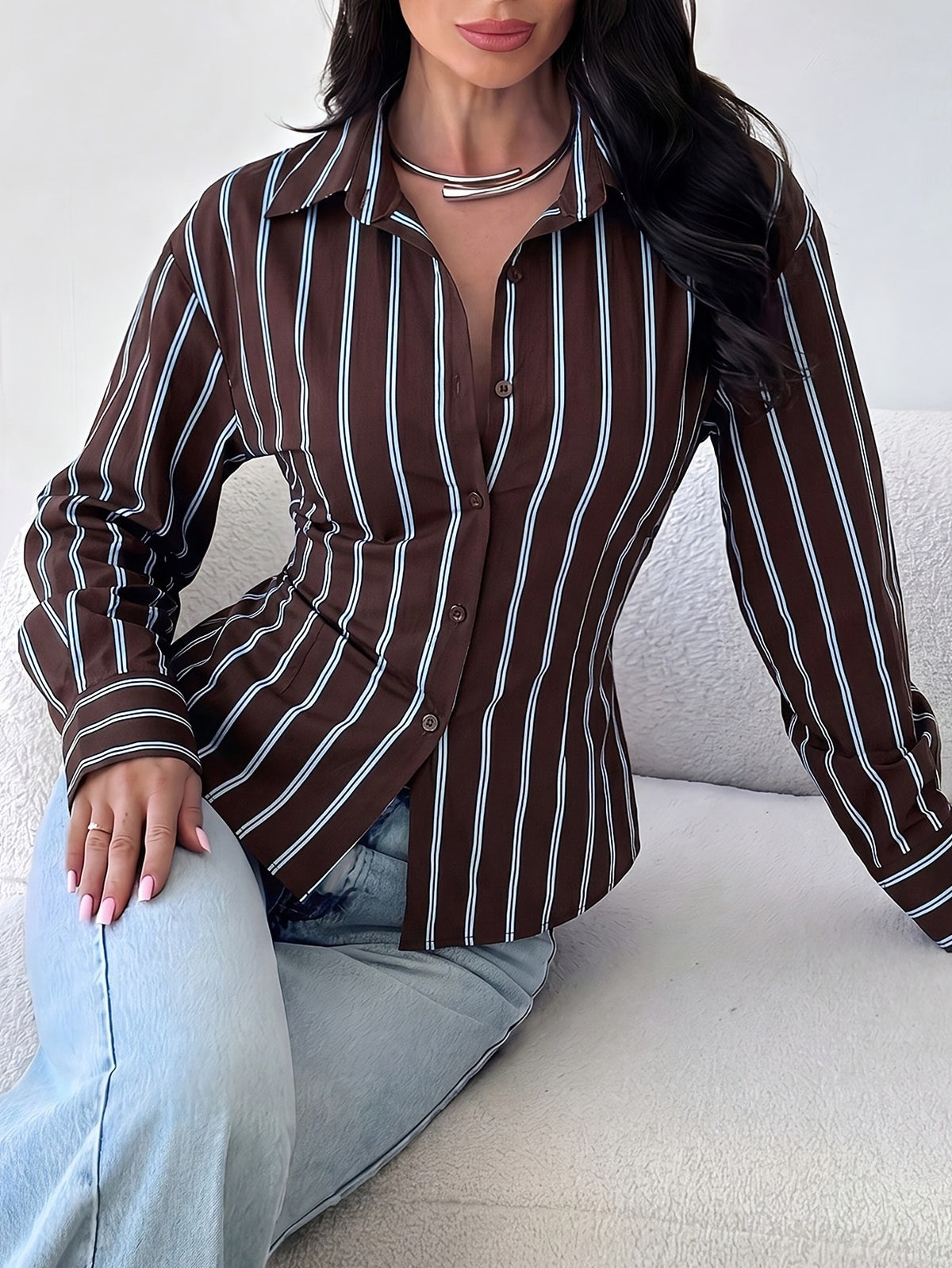 Autumn New Style Contrast Color Vertical Stripe Slim-Fit Shirt For Women, European And American Style Long Sleeve Slimming Commuter Top For Ladies