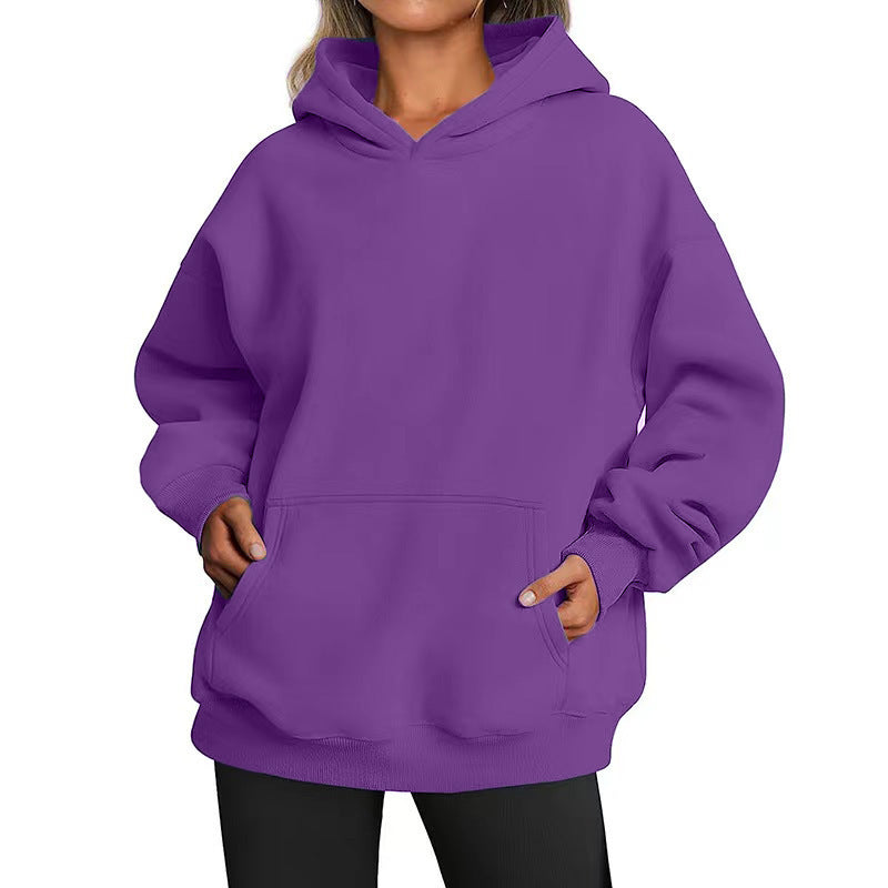 Women's Solid-color Long-sleeved Loose-fitting Hooded Sweatshirt With Pocket