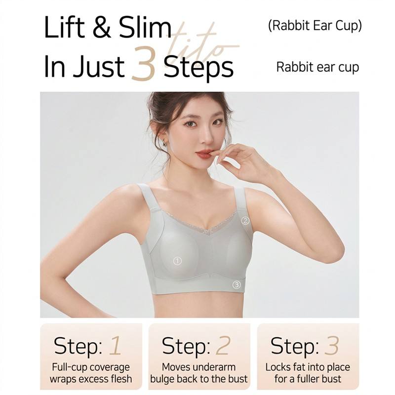 8649Seamless Rabbit-Ear Lifting Bra M-3XL Fixed Inner Cups 3D Lift Cup V-Neck Lace 4-Row Hooks