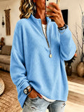 Womens Zip-up Half-neck Waffle-knit Hoodie Loose-fit Top