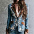 Notch-collar Suede Patchwork Floral-print Blazer