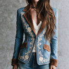 Notch-collar Suede Patchwork Floral-print Blazer