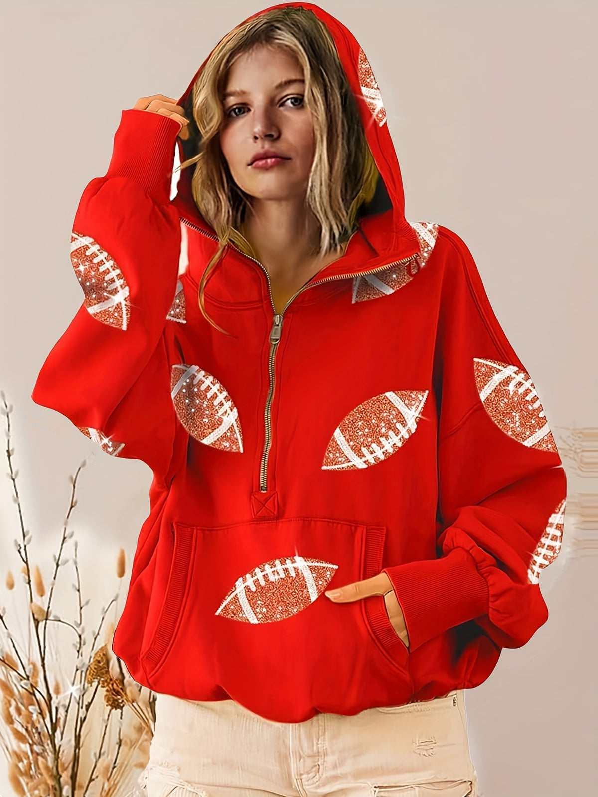 Women Half Zip Hoodie, Glitter Football Print Oversized Hooded Sweatshirt With Kangaroo Pocket