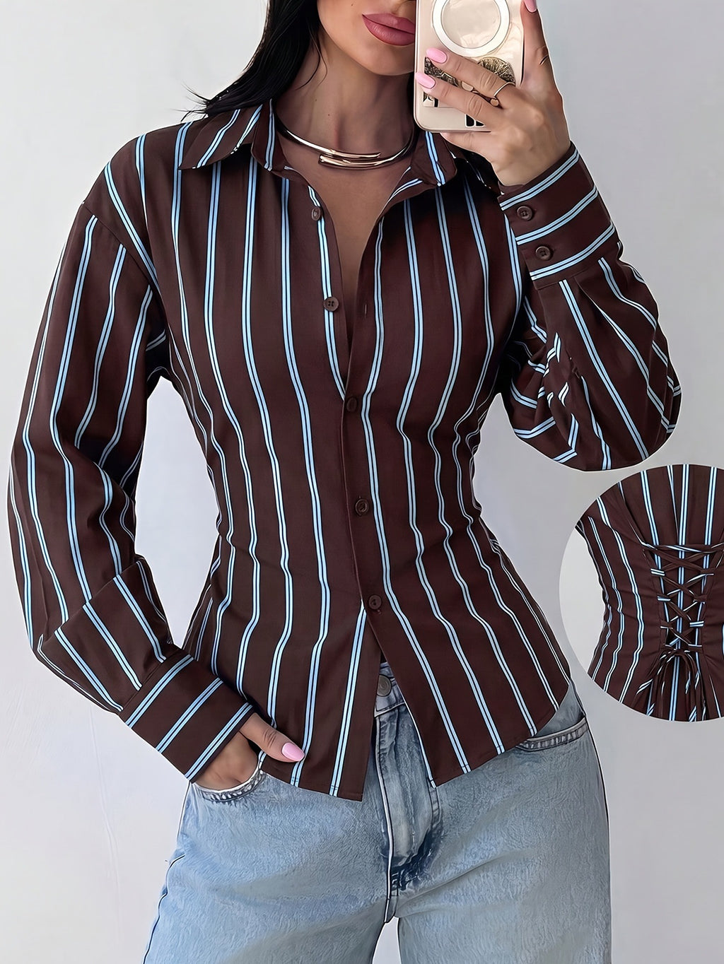 Autumn New Style Contrast Color Vertical Stripe Slim-Fit Shirt For Women, European And American Style Long Sleeve Slimming Commuter Top For Ladies
