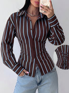 Autumn New Style Contrast Color Vertical Stripe Slim-Fit Shirt For Women, European And American Style Long Sleeve Slimming Commuter Top For Ladies