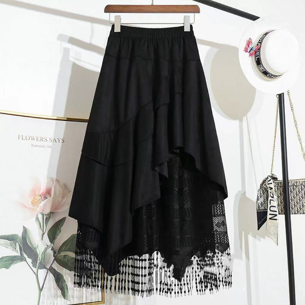 New AutumnWinter Irregular Ruffled Hem Vintage Suede And Lace Patchwork Womens Skirt