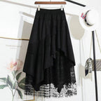 New AutumnWinter Irregular Ruffled Hem Vintage Suede And Lace Patchwork Womens Skirt