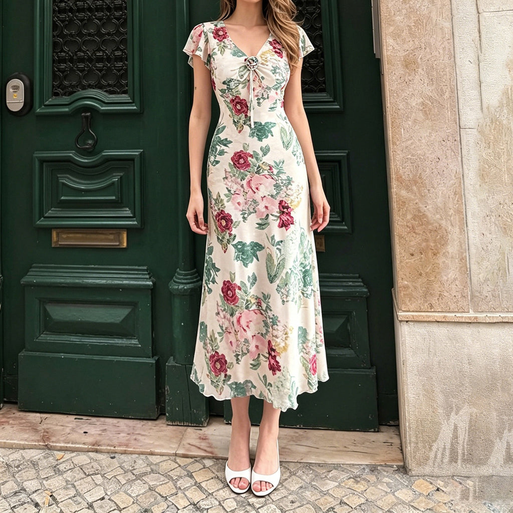Floral Ruffled V-Neck Mesh Dress Resort