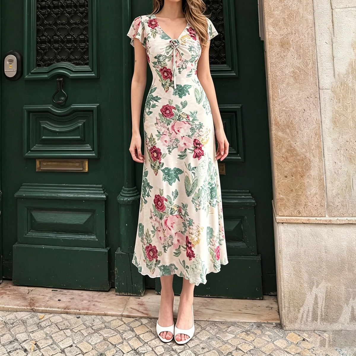 Floral Ruffled V-Neck Mesh Dress Resort