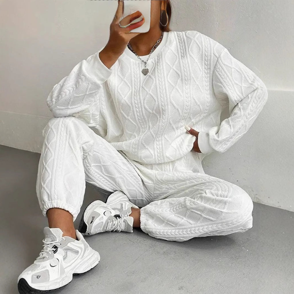 Spring And Autum Cross-Border European And American New Women's Clothing Twist Stitching Long-Sleeved Round Neck Top And Leggings Pants Two-Piece Set