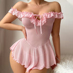 Mesh Ruffled Off-shoulder Strap Delicate Nightgown Set With Pants And Bra