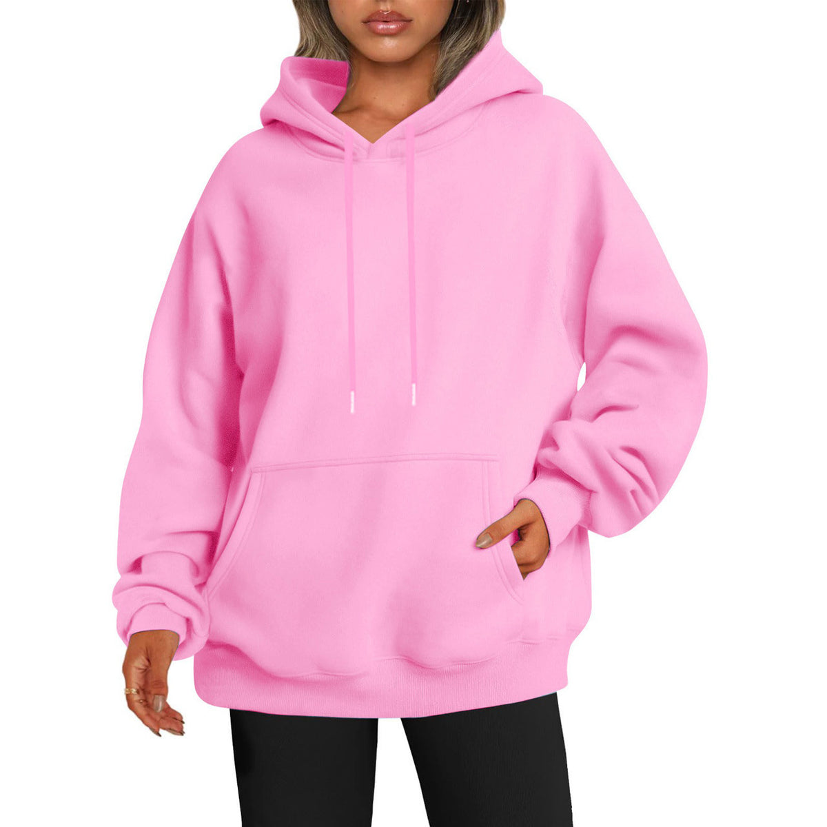 Women's Solid-color Loose-fit Drop-shoulder Hooded Sweatshirt