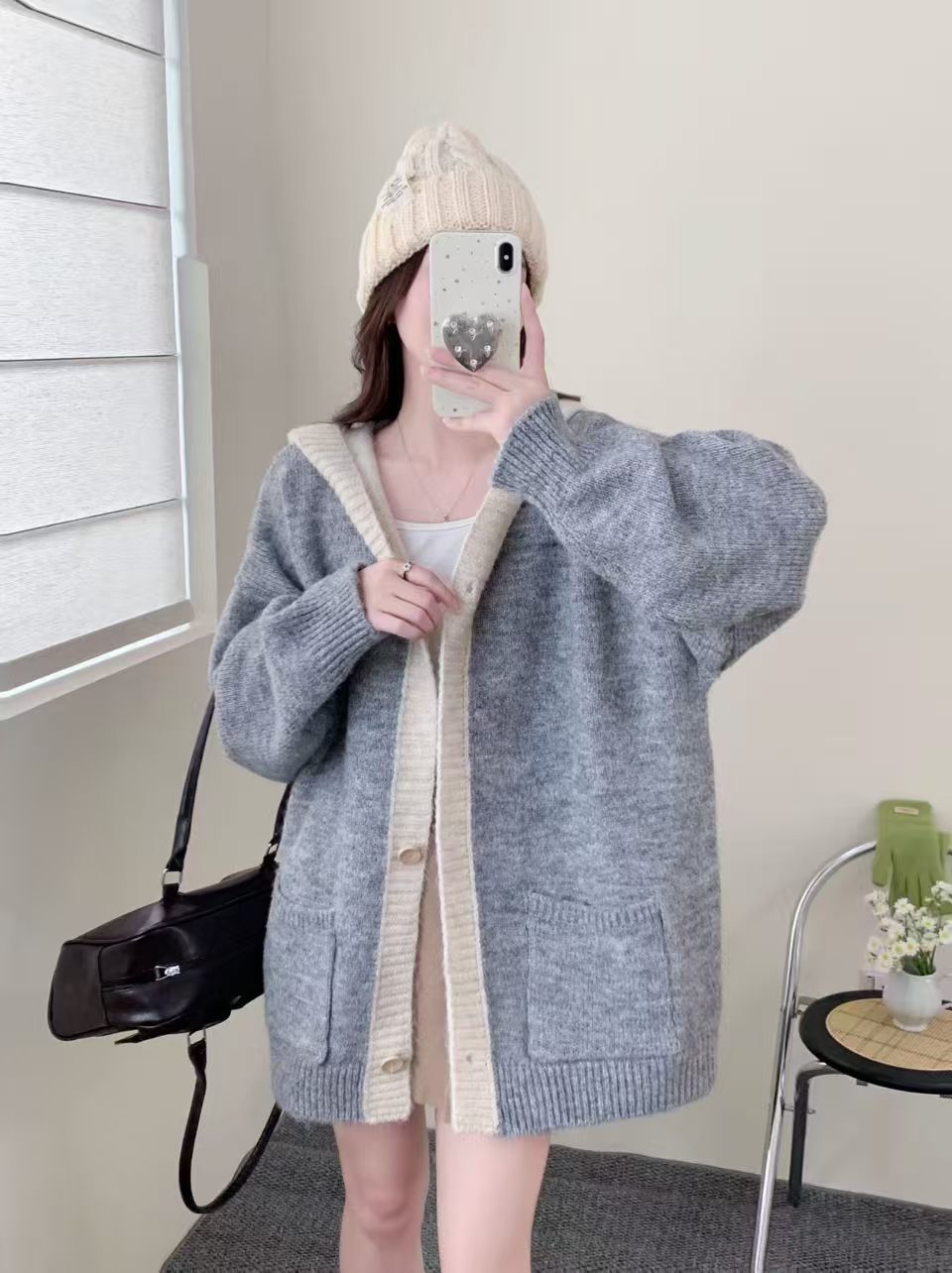 Women 2026 Fall Winter New,Hooded Knit Cardigan,Mid-Length With Pockets,Loose Lazy-Style Versatile Sweater Coat