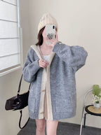 Women 2026 Fall Winter New,Hooded Knit Cardigan,Mid-Length With Pockets,Loose Lazy-Style Versatile Sweater Coat