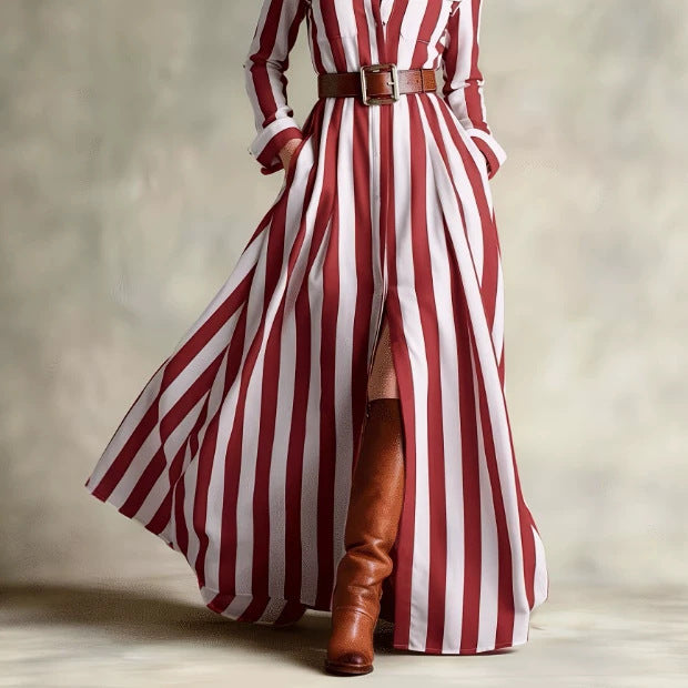 Fashionable Loose-fit V-neck Long Striped Shirt Dress