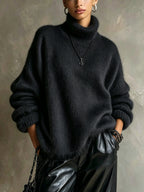 Womens Solid-color Loose-fitting Turtleneck Sweater In Soft Plush Knit