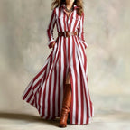 Fashionable Loose-fit V-neck Long Striped Shirt Dress