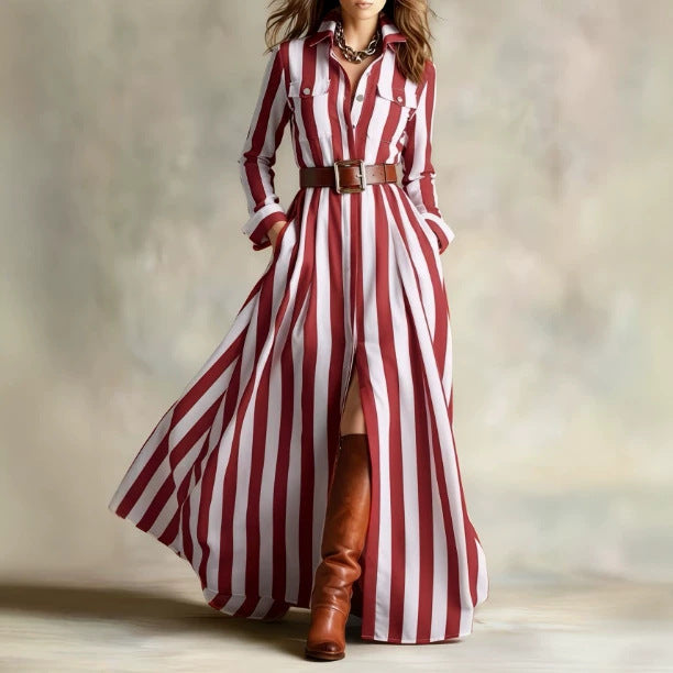 Fashionable Loose-fit V-neck Long Striped Shirt Dress