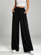 New European And American Style Drawstring Elastic Waist Loose Casual Solid Color Drapey Straight Wide-leg Long Pants For Women