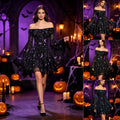 Midnight Celestial Bell-Sleeve Mini Dress