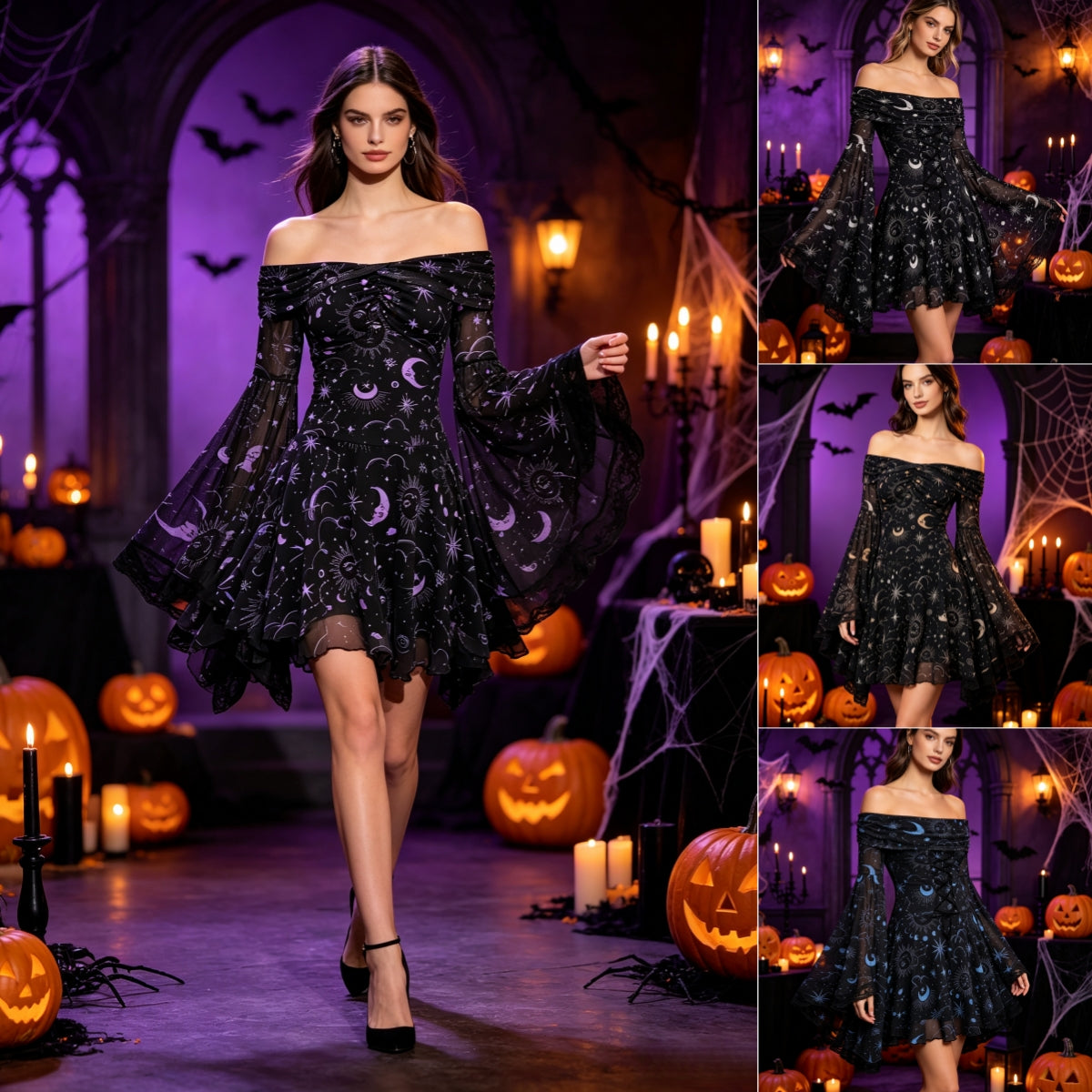 Midnight Celestial Bell-Sleeve Mini Dress
