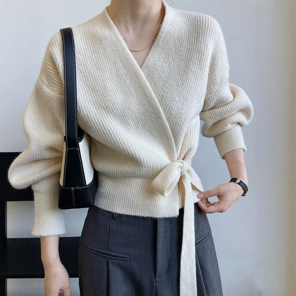 French-style Vintage Collar Lace-up Loose-fitting Knit Cardigan For Outerwear
