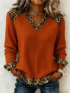 Womens Long-Sleeved Leopard-Print Patchwork V-Neck Knit Sweater