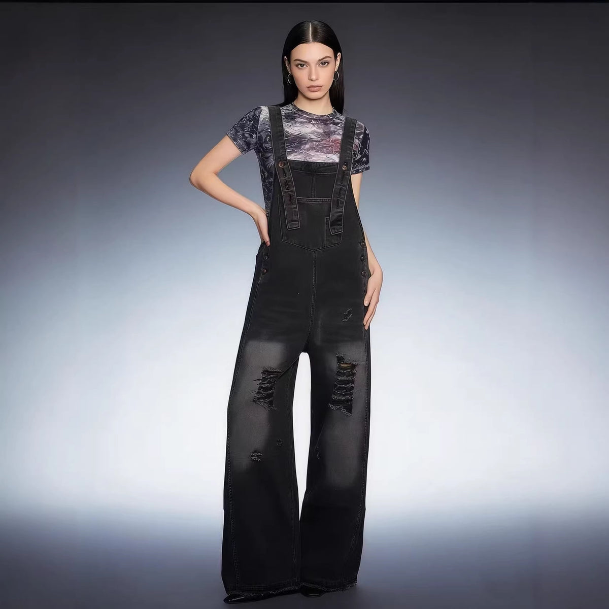 Women's Retro Loose-Fit Wide-Leg Denim Overalls