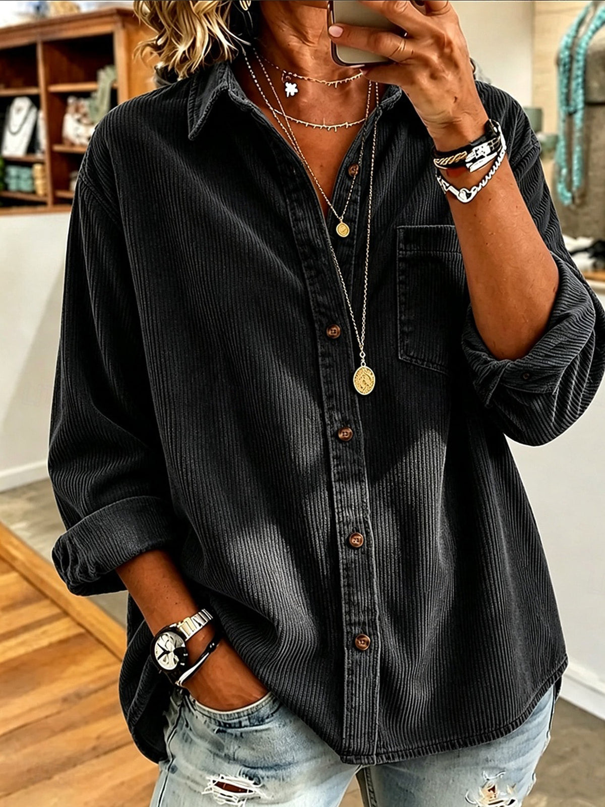 Retro Lapel Long-sleeved Corduroy Casual Loose-fit Thick Women's Garment