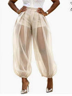2026 European And American Cross-Border Summer New Style Semi-Transparent Mesh Solid Color Patchwork Loose Semi-Transparent Lantern Pants