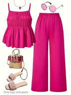Casual Ruched-texture Camisole And Wide-leg Pants Set