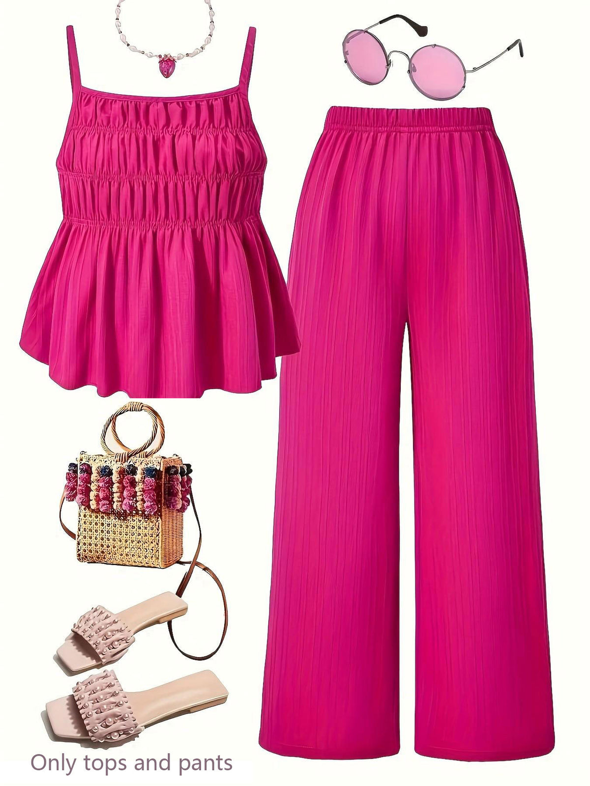 Casual Ruched-texture Camisole And Wide-leg Pants Set