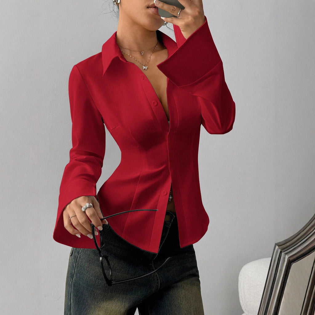European And American Cross-Border Aliexpress Women's Fashion Slim Long-Sleeved Solid Color Shirt