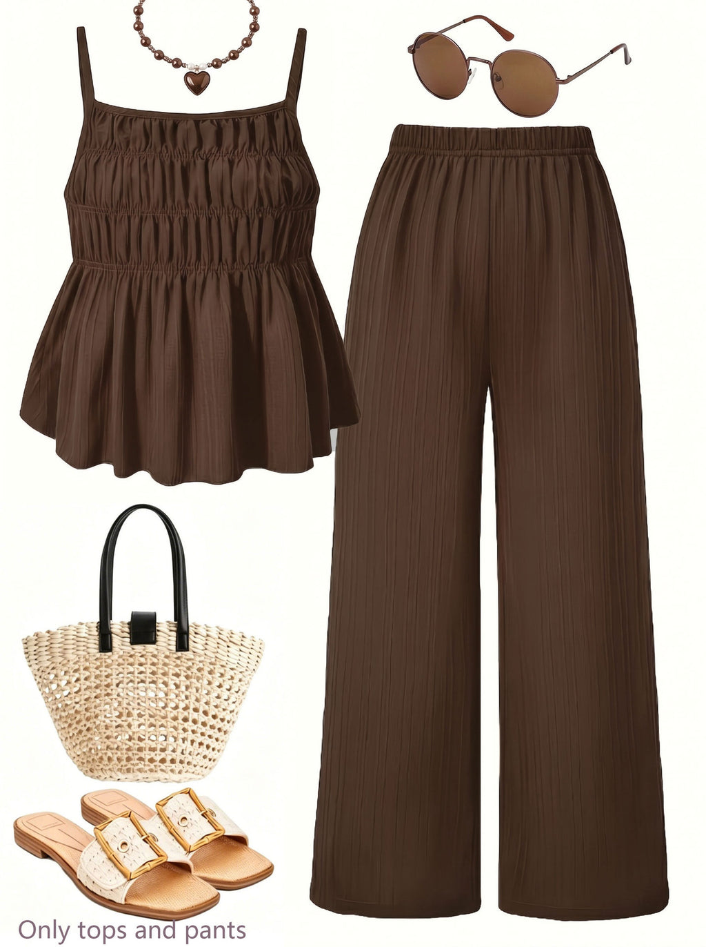 Casual Ruched-texture Camisole And Wide-leg Pants Set