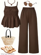 Casual Ruched-texture Camisole And Wide-leg Pants Set