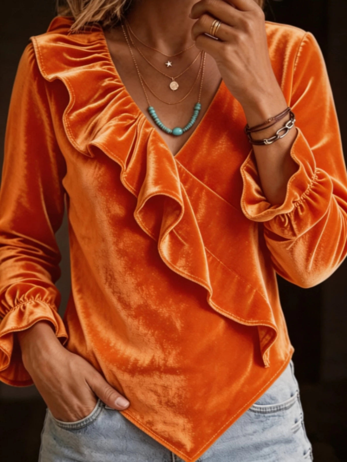Womens Velvet V-neck Ruffled Top