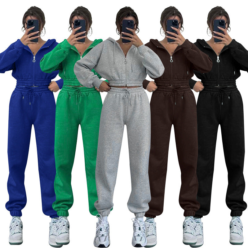 Hooded Zip-Up Waist-Cinching Sweatshirt Womens Set