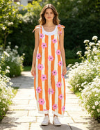 Women Floral Stripe Print Overalls, Adjustable Tie Shoulder Wide Leg Bib Pants Casual Jumpsuit