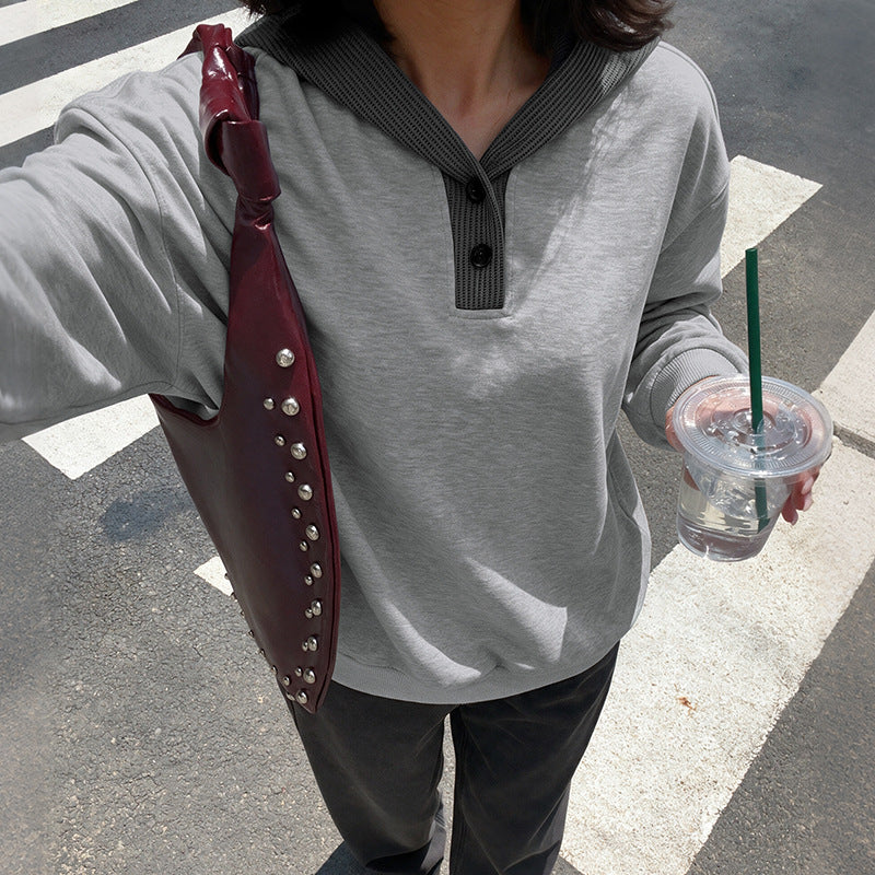 Women's Relaxed-fit Loose-fitting Patchwork Color-block Hooded Sweatshirt