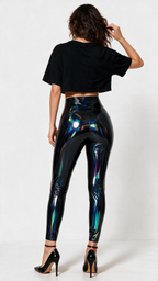 Women Holographic Metallic Patent Capri Leggings, High Waisted Shiny Iridescent 7-8 Cropped Pants For Club Party Festival