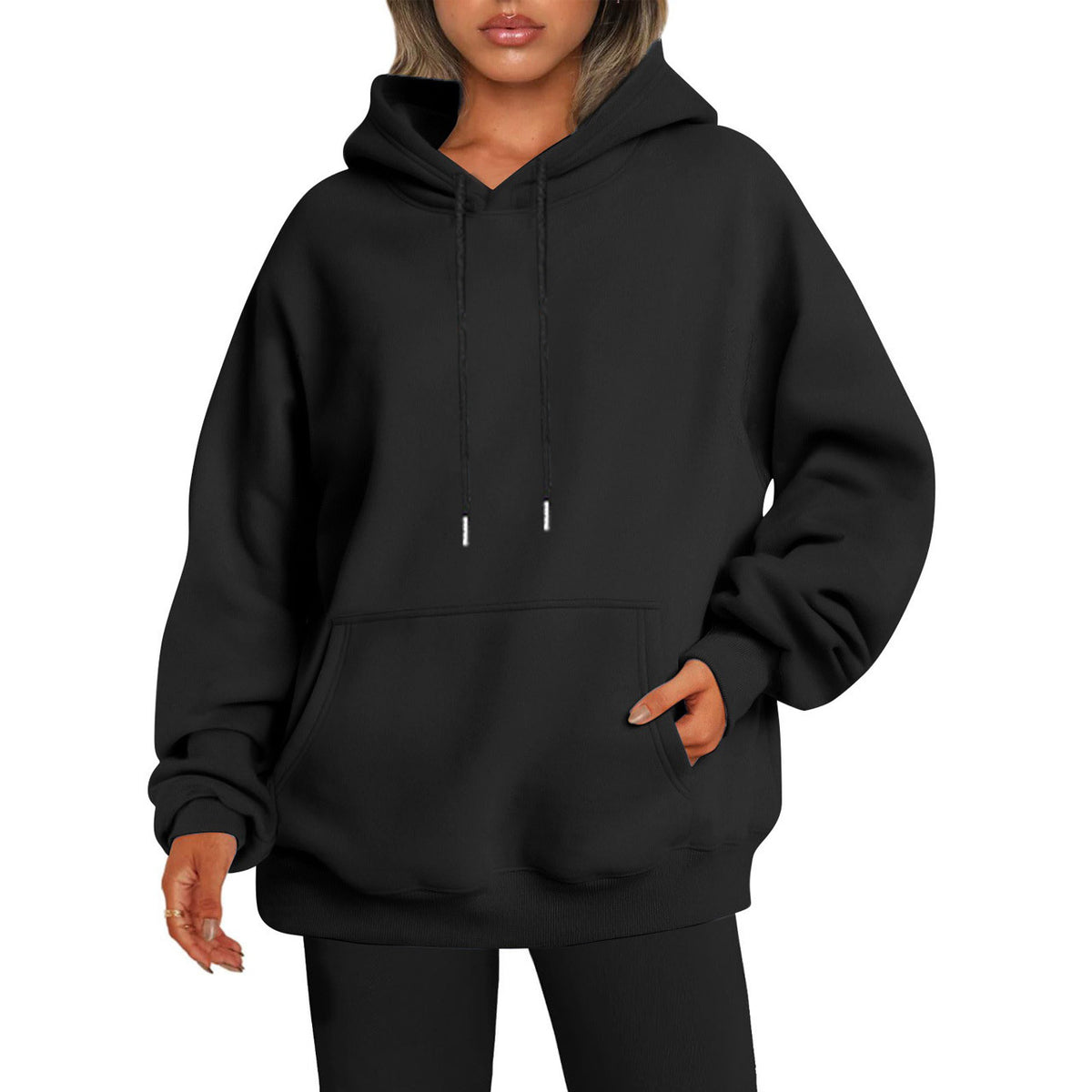 Women's Solid-color Loose-fit Drop-shoulder Hooded Sweatshirt