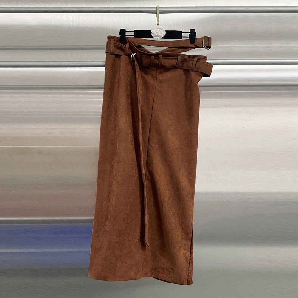 Solid-color Suede-like Fabric High-waisted Slim-fit Midi Bodycon Skirt