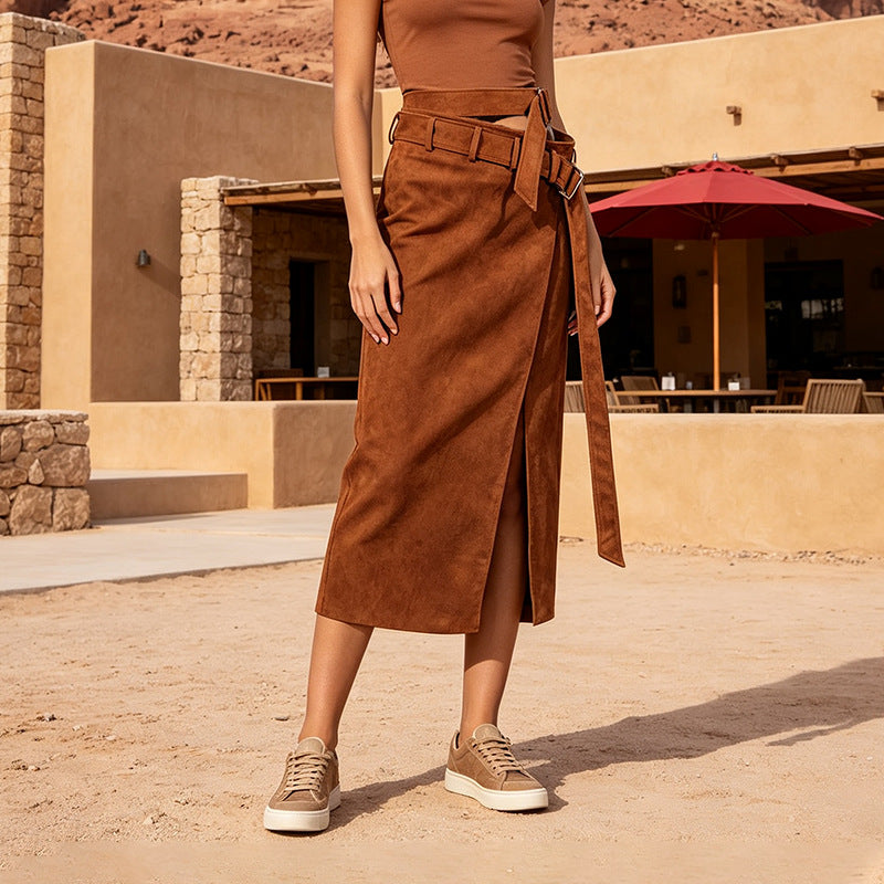 Solid-color Suede-like Fabric High-waisted Slim-fit Midi Bodycon Skirt
