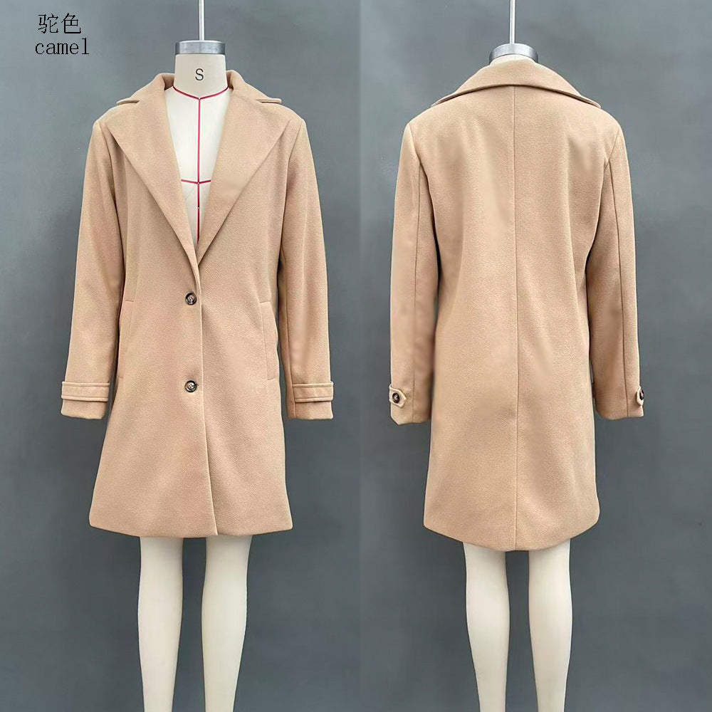 Cross-Border 2026 Autumn And Winter New Retro Casual Style Mid-Length Lapel Coat Women's Woolen Coat